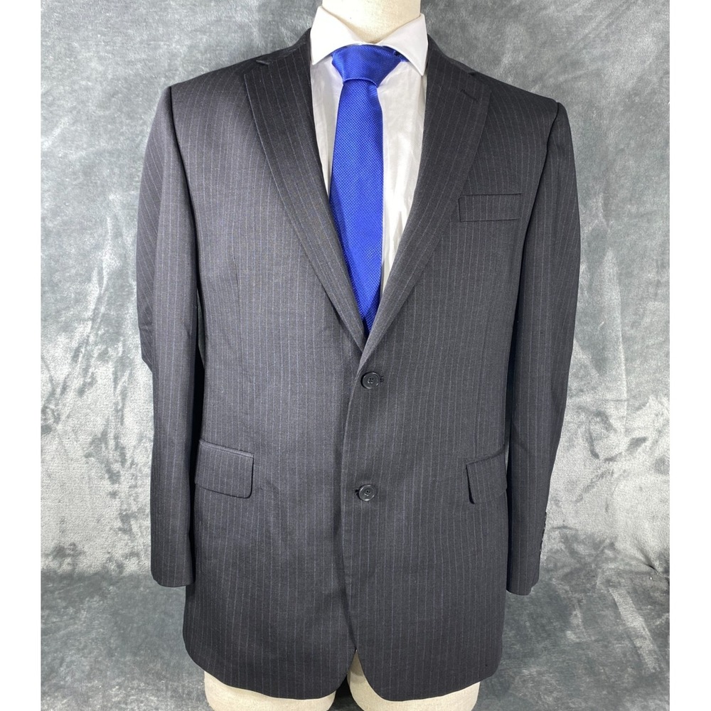Perry Ellis Blazer Jacket Mens 44 Regular Wool Gray Blue Striped Suit Sport Coat
